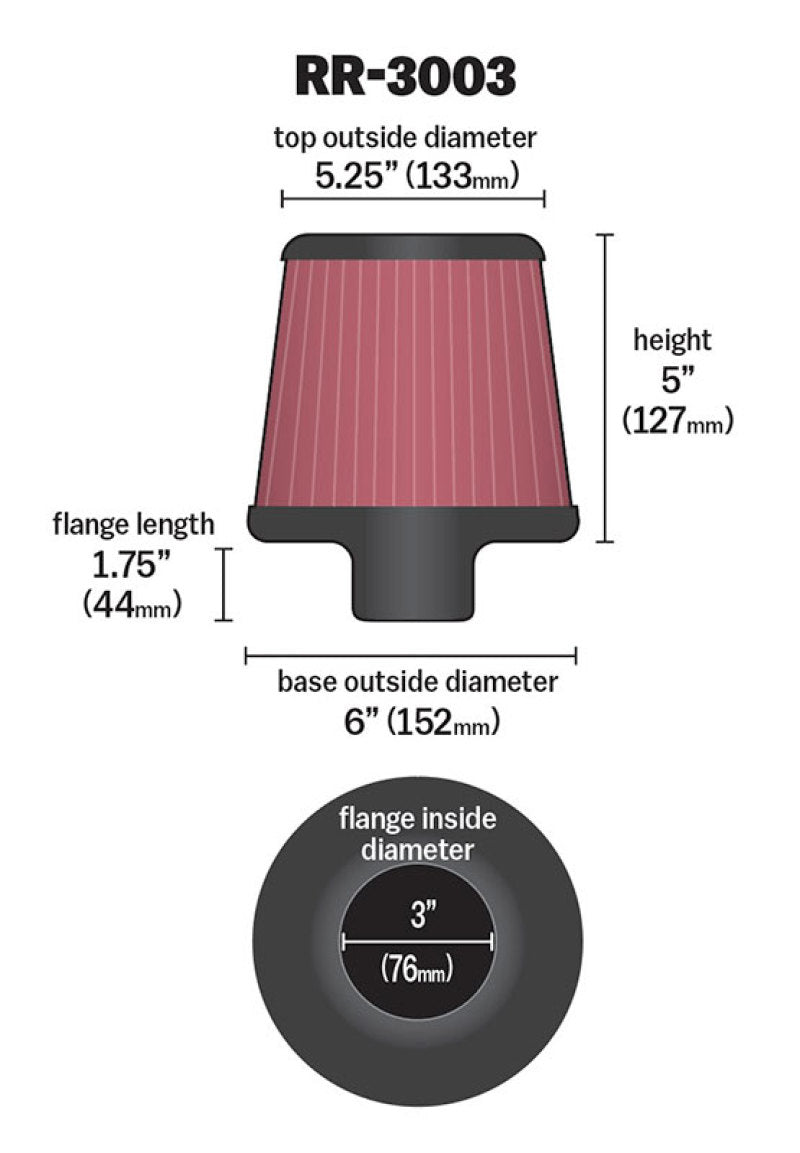 K&N Engineering Universal Inverted Top Air Filter - 3 inch Flange, 6 inch Base, 5 1/4 inch Top, 5 inch Height, Polished Finish