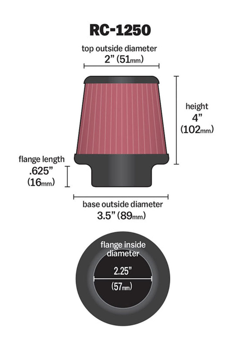 K&N Engineering RC-1250 Universal Chrome Air Filter – 2.25 Inch Flange, 3.5 Inch Base, 2 Inch Top, 4 Inch Height