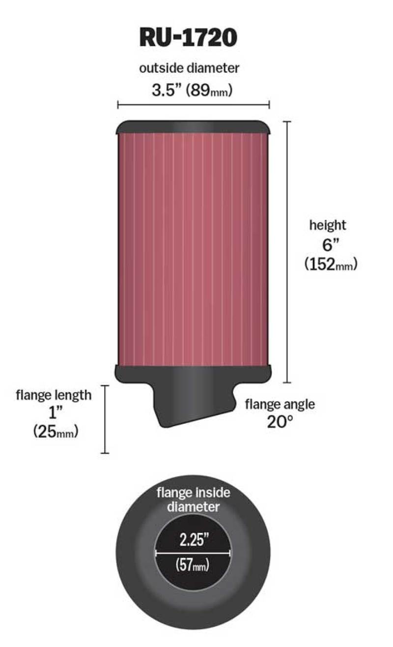 K&N Universal Rubber Round Air Filter with 20-Degree Flange Angle, 2.25-inch Flange ID, 3.5-inch OD, 6-inch Height