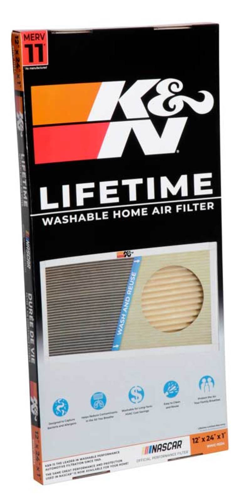 K&N HVAC Filter 12 x 24 x 1 – Washable, Reusable Pleated Synthetic Air Filter with MERV 11 Rating