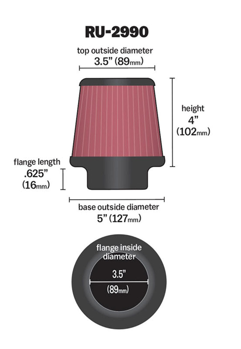 K&N Engineering Universal Rubber Air Filter with 3.5-inch Flange - 4-inch Height, Part Number RU-2990