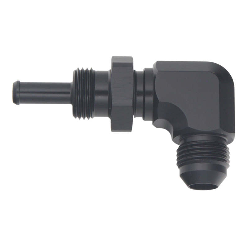DeatschWerks 8AN Male Flare to 5/16 Inch Male Barb Bulkhead Adapter 90-Degree - Anodized Matte Black