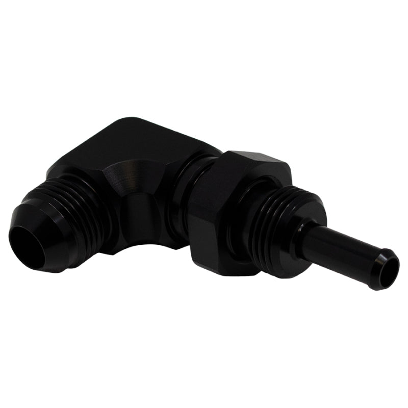 DeatschWerks 8AN Male Flare to 5/16 Inch Male Barb Bulkhead Adapter 90-Degree - Anodized Matte Black