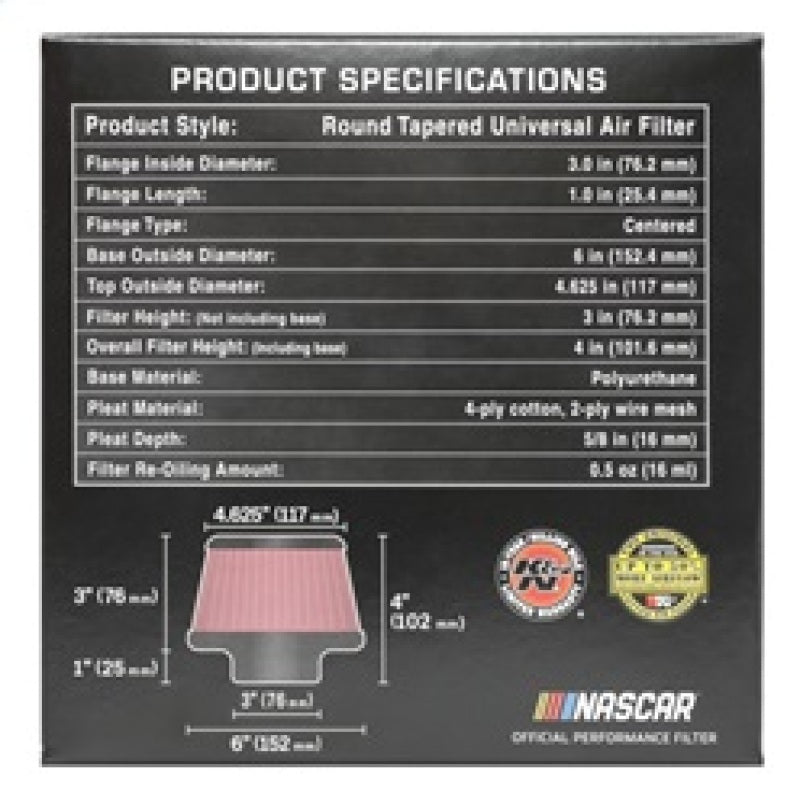 K&N Engineering Universal Round Clamp-On Air Filter with 3-Inch Flange ID - Model RU-5288