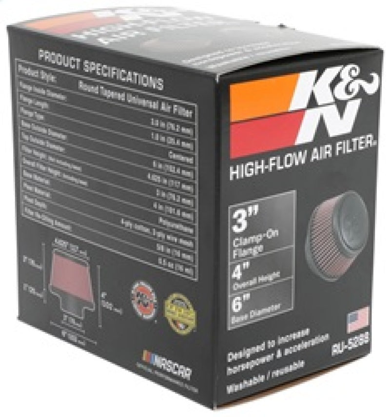 K&N Engineering Universal Round Clamp-On Air Filter with 3-Inch Flange ID - Model RU-5288
