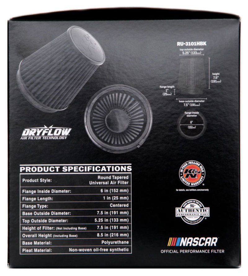 K&N Engineering RU-3101HBK Black Universal Round Tapered Air Filter - 6 Inch Flange ID