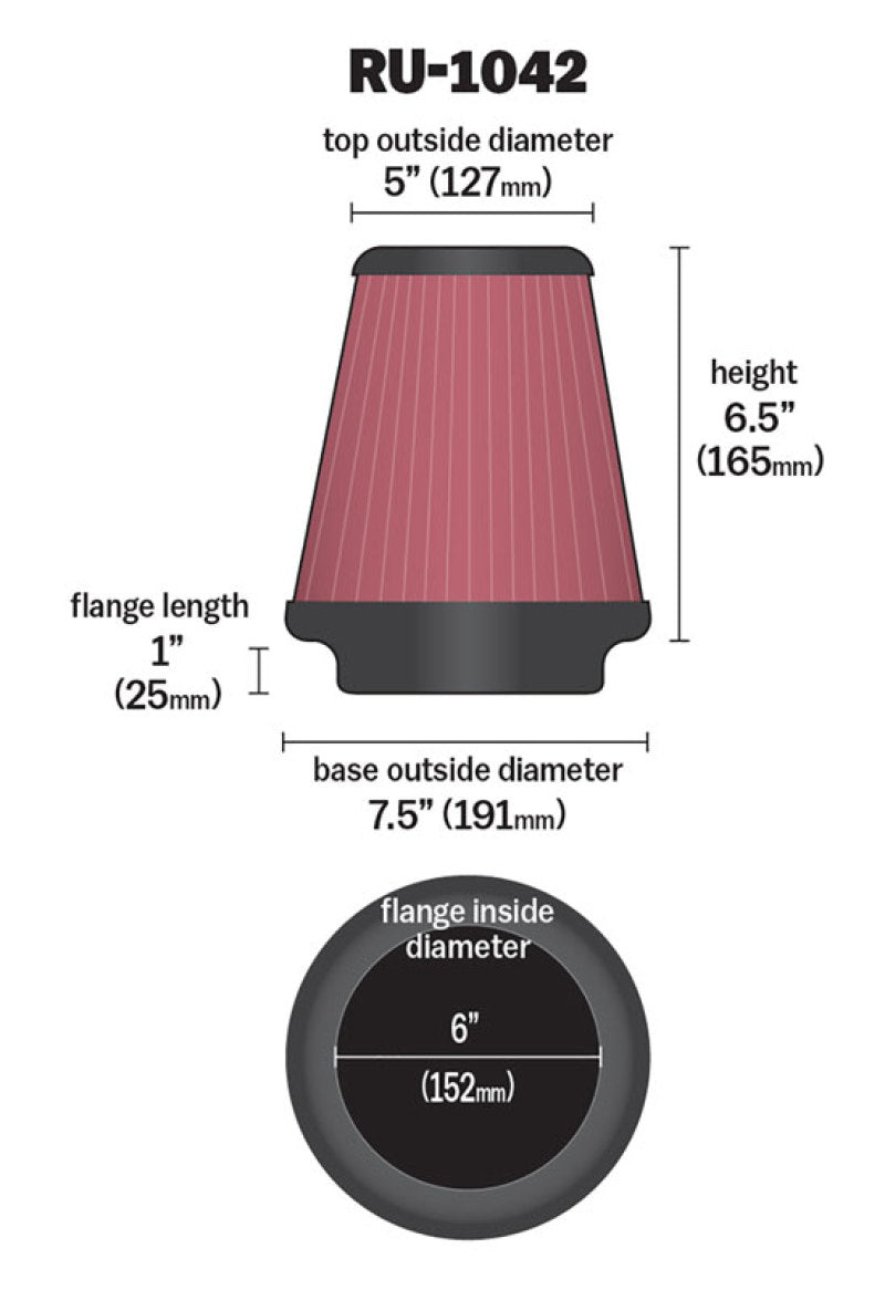 K&N Engineering Universal Clamp-On Air Filter 6 inch Flange / 7-1/2 inch Body / 5 inch Top / 6-1/2 inch Height