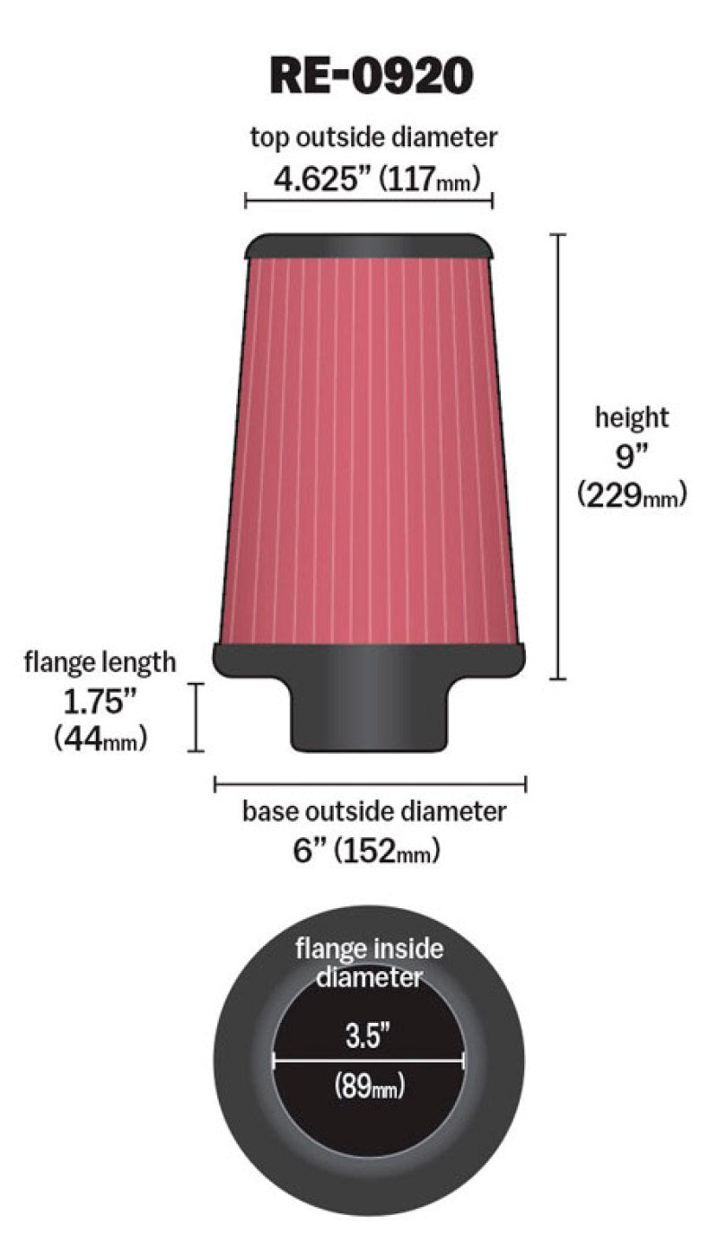 K&N Engineering Universal Rubber Air Filter - 3 1/2 Inch ID, 6 Inch Base, 4 5/8 Inch Top, 9 Inch Height