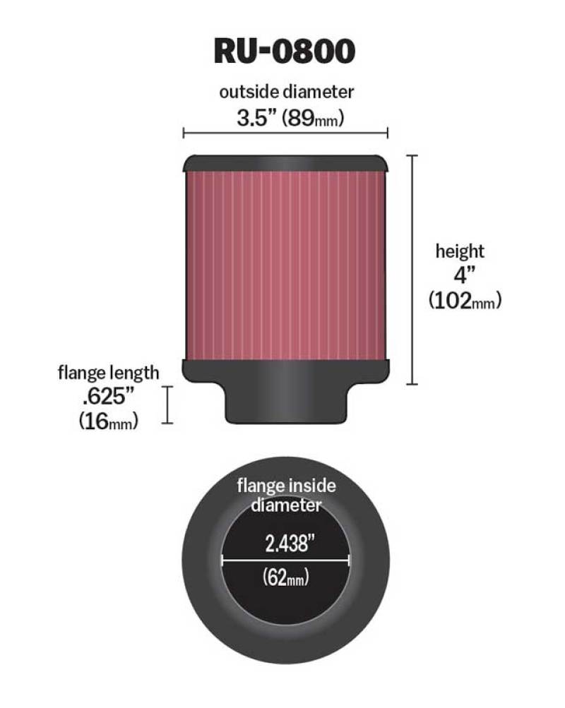 K&N Engineering Universal Air Filter Part RU-0800 – 2 3/8 inch Flange by 3 1/2 inch Outer Diameter, 4 inch Height