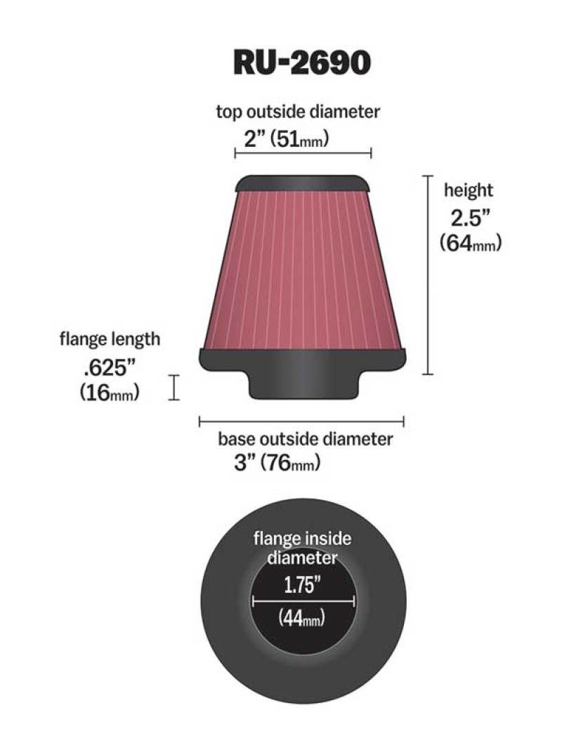 K&N Engineering Universal Rubber Air Filter with 1 3/4 inch Flange, 3 inch Base, 2 inch Top, 2.5 inch Height