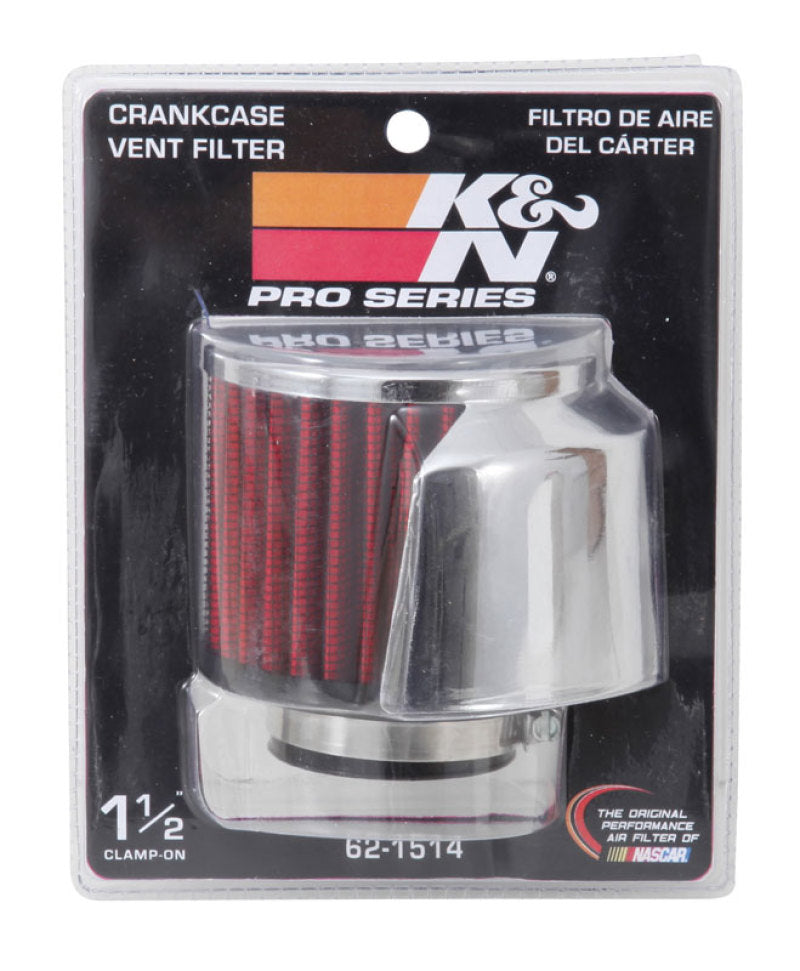 K&N Engineering 62-1514 1.5 inch Flange Crankcase Vent Filter with Chrome Top and Heat Shield