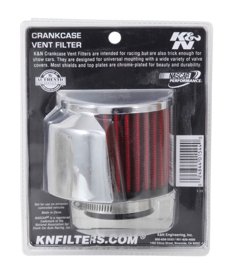 K&N Engineering 62-1514 1.5 inch Flange Crankcase Vent Filter with Chrome Top and Heat Shield