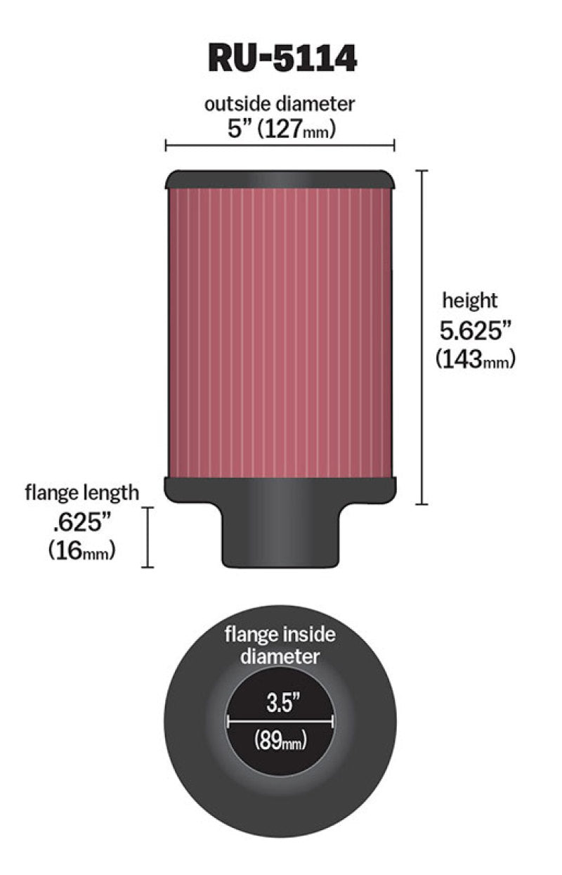 K&N Engineering Universal Rubber Air Filter with 3.5-inch Flange ID, 5-inch OD, and 5.625-inch Height