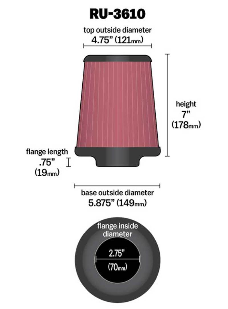 K&N Engineering Universal Rubber Air Filter - 2.75 inch Flange Diameter, 7 inch Height, Model RU-3610
