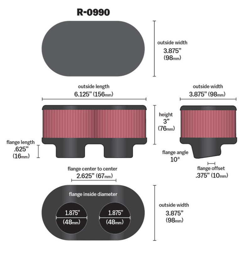 K&N Engineering R-0990 Universal Rubber Air Filter for Automotive and Equipment Applications