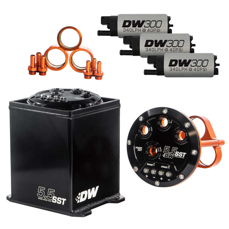 DeatschWerks 5.5L Modular Surge Tank with Three DW300 Fuel Pumps for High-Performance Automotive Applications