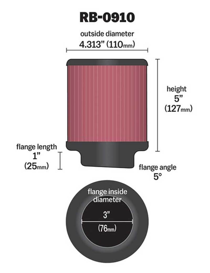 K&N Universal Rubber Air Filter - 3 Inch Diameter, 5 Degree Flanged, 4.5 Inch Outer Diameter, 5 Inch Height