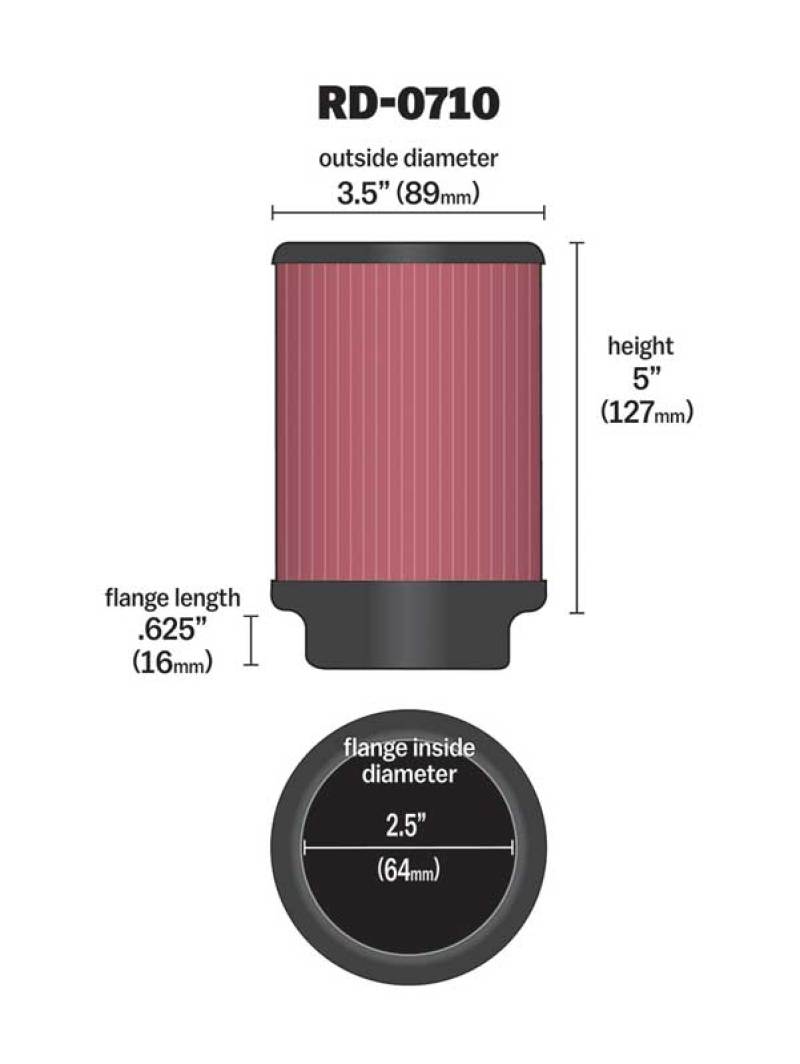 K&N Engineering Universal Rubber Air Filter with 2.5-inch Flange ID and 3.5-inch Outer Diameter, 5-inch Height